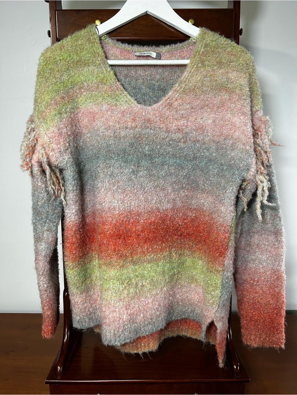 Maude Vivante Women’s Large Multicolor Striped V-Neck Sweater Fringe Long Sleev